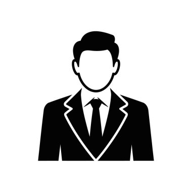 Vektör simgesi, resmi bir takım giyen, kravatlı, profesyonel kullanım için temiz beyaz bir arkaplan üzerine kurulmuş bir adamın siyah siluetini tasvir ediyor.