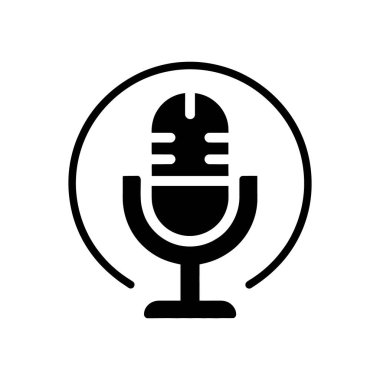 Minimalist siyah beyaz ikon çizimi, düz beyaz bir arkaplana karşı basit ve kalın dairesel bir çerçeve içinde kaplanmış klasik bir mikrofon tasarımı içerir..