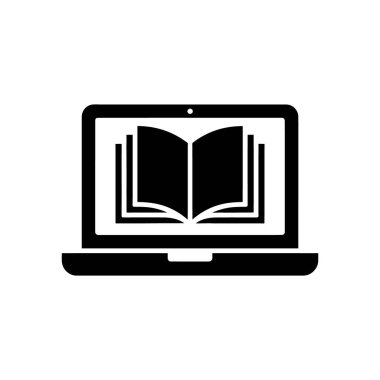 Beyaz arka planda izole edilmiş, ekranda açık bir kitap gösteren siyah bir dizüstü bilgisayar içeren modern vektör grafiği. Eğitim veya çevrimiçi öğrenme kaynakları için uygundur.