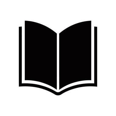 Siyah bir açık kitap ikonunun basit vektör çizimi. Eğitim ve kütüphane temaları için minimalist bir düz tasarım. Beyaz bir arkaplan üzerinde bilgi aktarımı ve okuma için ideal..