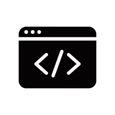 Programlama, geliştirme veya ilgili teknolojileri gösteren biçimlendirilmiş bir kod sembolü içeren siyah bir tarayıcı penceresinin düz vektör çizimi.