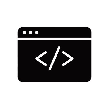 Kodlama sembolleri içeren bir tarayıcı penceresinin siyah vektör grafik simgesi. Pencerenin içinde üç daire ve bir beyaz kodlama etiketi var..