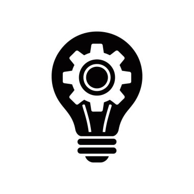 Dişli vektör ikonlu siyah ampul yeniliği, fikir üretimini ve çözümleri sembolize ediyor. Beyaz bir arka planda izole edilmiş. Mühendislik ve teknoloji kavramı.