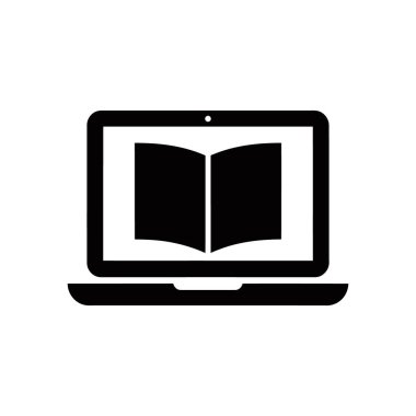 Siyah vektör simgesi ekranında açık bir kitap gösteren, beyaz arkaplanda çevrimiçi öğrenme, eğitim ve dijital kütüphane kaynaklarını gösteren bir dizüstü bilgisayar sunar.