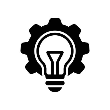 Siyah siluet ikonu bir dişlinin içinde ampul gösteriyor, yenilik, gelişme ve yaratıcı çözümleri simgeliyor. Beyaz arkaplan ile vektör illüstrasyonu.