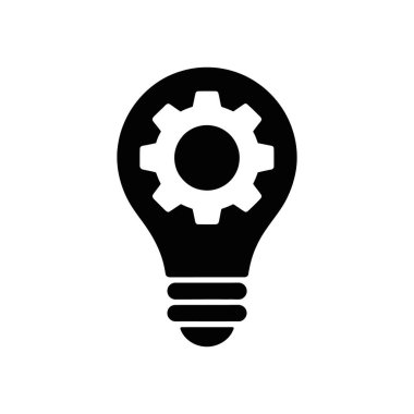 Beyaz arkaplanda siyah vektör simgesi içinde dişli bir ampulü gösterir, fikirleri, çözümleri, yenilikleri, stratejileri ve problem çözme bağlamlarını resmetmek için uygundur.
