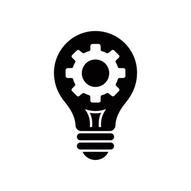 İçinde vites simgesi olan koyu siyah bir ampul vektör çizimi. Bu resim, çeşitli yaratıcı projeler ve tasarımlar için harika olan beyaz bir arkaplanda izole edilmiştir..