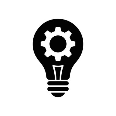 İzole edilmiş, içinde dişli sembolü olan siyah ampul simgesi, beyaz arkaplan üzerinde vektör biçiminde yenilikçi çözümler ve teknik yaratıcılığı göstermek için mükemmel.