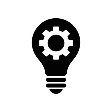 Vektör illüstrasyonunda siyah ampul simgesi, içinde dişli tekerlek sembolü olan, basit, temiz beyaz arkaplan üzerinde fikirleri, yeniliği ve çözümleri sembolize eden,.