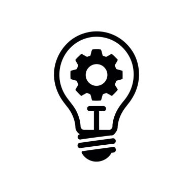 Beyaz arka planda siyah dişli sembolüyle doldurulmuş siyah bir ampulün ifadesi. Yenilik, mühendislik ve çözüm bulma kavramlarını resmetmek için harika.