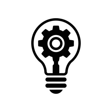 İzole edilmiş vektör çizimi, beyaz arka planda çözümleri, mühendisliği ve beyin fırtınalarını resmetmek için mükemmel, dişli ve yayılan yeniliklerle dolu bir ampul gösteriyor..