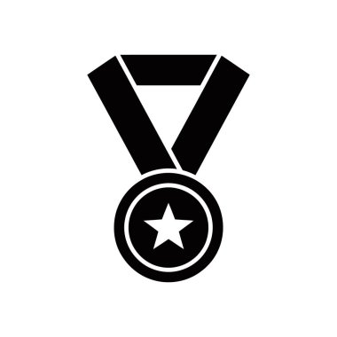İzole edilmiş siyah madalya ikonu, bir çember içinde bir yıldızı gösteriyor, beyaz bir arkaplanda asılı duran, tasarım için vektör grafik unsuru olarak yaratılan bir kurdele.