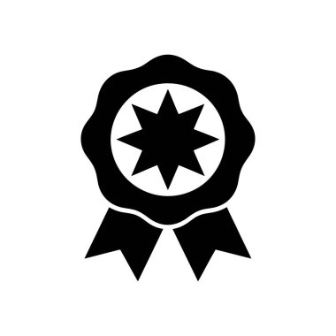 Siyah ödüllü bir rozetin silueti içinde yıldız ve beyaz arka planda kurdele var. Kaliteyi, başarıyı ve tanınmayı temsil eden vektör simgesi.