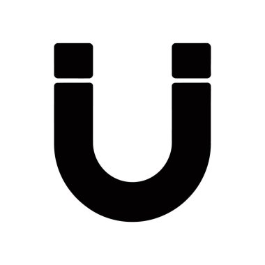 Siyah at nalı mıknatısı ikon vektör çizimi, beyaz arkaplanda basit bir manyetik sembol işareti. Çekim, bilim, fizik, güç ve teknolojiyi temsil eder.