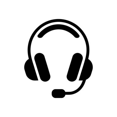 Resimde mikrofonlu siyah bir kulaklık simgesi yer alıyor. Beyaz arka planda desteği, müşteri hizmetlerini veya iletişimi temsil etmek için uygun basit vektör grafiği.