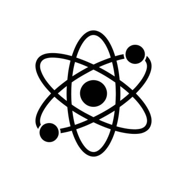 Beyaz arkaplandaki basit ve temiz siyah atom simgesi. Vektör grafik ögesi fizik, bilim ve eğitim kavramları için yörüngede dönen elektronları gösterir.