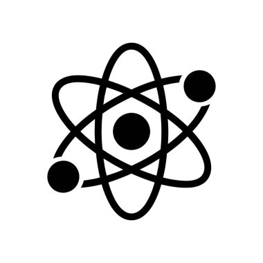 Beyaz arkaplanda çekirdeğin etrafında dönen elektronları olan bir atomun siyah bilim ikonu çizimi. Bilimle ilgili projeler için uygun vektör sanatı.