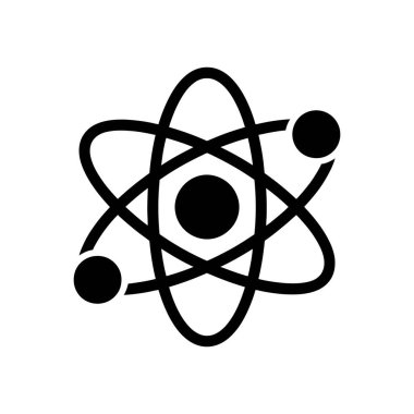 Merkezi bir çekirdek etrafında daireler olarak gösterilen yörüngede dönen elektronların yer aldığı bir atomun izole edilmiş siyah ve beyaz vektör çizimi, beyaz bir arkaplana karşıdır..