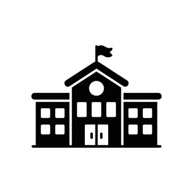 Okul binası vektör simgesi üzerinde bir bayrak, görünür giriş ve çok sayıda penceresi olan simetrik bir tasarıma sahiptir..