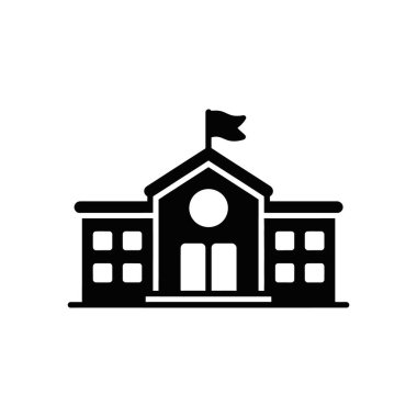 İzole edilmiş siyah vektör ikonu, bir okul binası, bir bayrak ile tasvir edilmiş, eğitim tasarımları için temiz beyaz bir arkaplan karşısında duruyor.