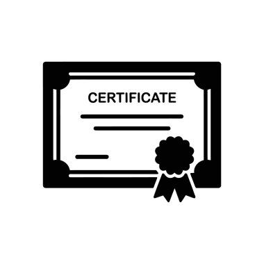 Bir siyah sertifika simgesinin vektör çizimi, bir kurdele ve süslü bir sınır tasarımı ile tamamlanmış, beyaz bir arkaplan, gösterim başarısı ve doğrulama karşı ayarlanır.