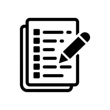 Siyah ve beyaz vektör simgesi, kalem işaretli bir sayfada bir kontrol listesi gösterir. Beyaz arka planda planlama, görev yönetimi ve organizasyonu temsil eder.