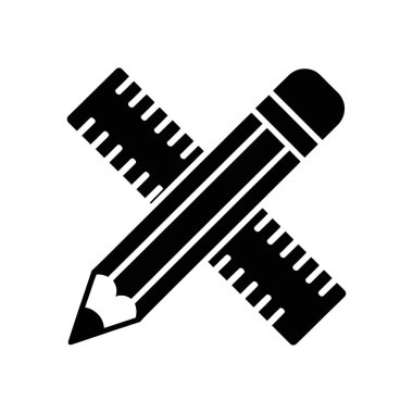 Siyah vektör illüstrasyonunda bir cetvel ile çaprazlanmış bir kurşun kalem tasviri taslak, taslak veya tasarım, beyaz bir zemine karşı sunulmuştur. Vektör simgesi.