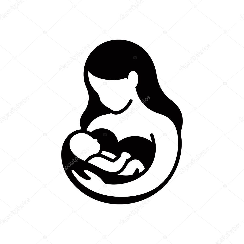 Vector icon depicting a mother breastfeeding her baby, simple and elegant silhouette ideal for lactation, parenting, or baby care related designs, on white background.