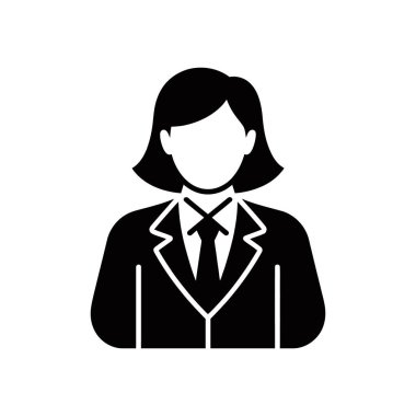 Takım elbiseli ve kravatlı bir iş kadını silueti, beyaz arka planda minimalist bir simge olarak tasvir edilmiş, profesyonelleri temsil etmek için ideal..