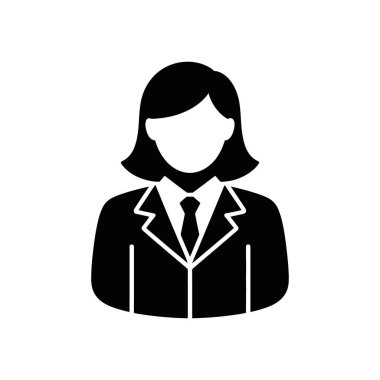 Resmi bir takım elbise ve kravat takan iş kadınının silüet vektörü. Profesyonel bir kadın avatar simgesi kurumsal profiller için ideal, kariyer kadınlarını temsil eden, ve işletme yönetimi.