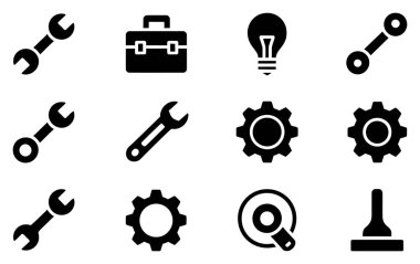 Bu resim, anahtar, alet kutusu, ampul, vites, büyüteç ve kurcalayıcı gibi araçları içeren beyaz bir arkaplanda izole edilmiş vektör simgelerini gösterir..