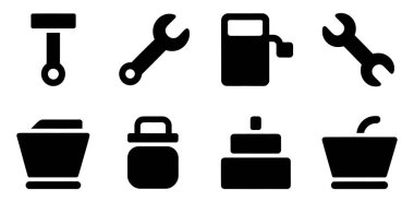 Bu vektör resmi bir araba pistonu, anahtarlar, bir benzin pompası, kaplar ve çeşitli nesneleri temsil eden siyah simgeleri içerir. Temiz, izole edilmiş simgeler tasarım projeleri için mükemmeldir.