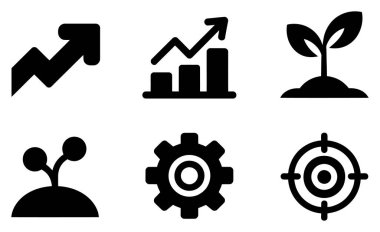 Beyaz arka planı olan altı siyah vektör ikonu büyüyen okları, istatistiksel grafikleri, topraktan filizlenen iki bitkiyi, bir dişliyi ve bir hedefi temsil eder..