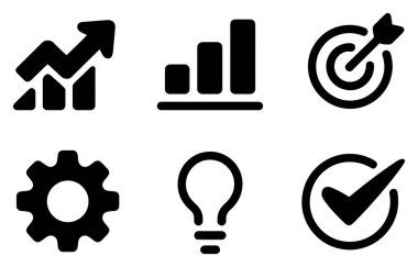 Beyaz arkaplandaki siyah vektör simgelerinin toplanması bir büyüme grafiği, çubuk grafiği, hedef, vites, ampul ve kontrol işareti, iş kavramlarını ve başarıyı temsil eden.