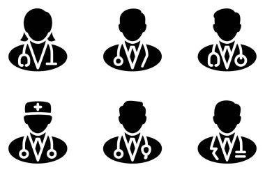 Doktor ve tıbbi personel siluetlerini gösteren vektör simgelerinin toplanması. Simgeler siyah, beyaz arkaplan ve farklı tıp alanlarını simgeliyor..