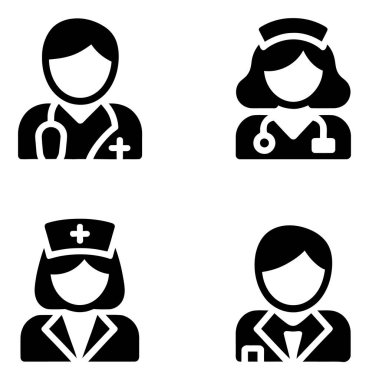 Siyah vektör çizimleri kadın ve erkek doktor ve hemşireleri tasvir ediyor. Tıp uzmanları üniforma ve steteskop giyer. Sağlık ve tıbbi temalar için uygundur.