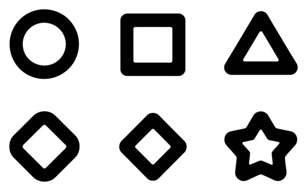 Изображение имеет шесть минималистских черных очертаний на белом фоне. Формы включают в себя круг, квадрат, треугольник, два ромба и звезда очертания с закругленными углами.