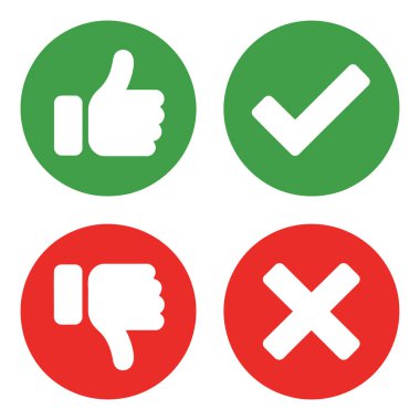 Onaylama ve onaylamamanın dört simgesi. Başparmakları yeşil, baş parmakları aşağı ve x işaretleri kırmızı. Beyazda izole edilmiş.