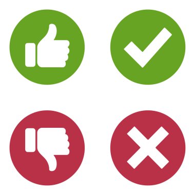 Dört vektör simgesi yeşil başparmak, yeşil işaret, aşağı kırmızı başparmak ve temiz beyaz zemin üzerinde kırmızı haç işareti gösterir. Kullanıcı Arayüzü, Web ya da uygulama tasarımları için ideal.