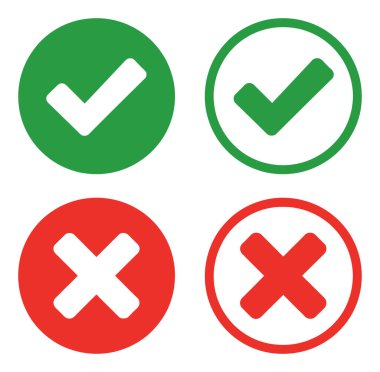 Doğru olduğunu gösteren iki yeşil işaret simgesi ve yanlış olduğunu gösteren iki kırmızı haç simgesi. Her biri dairesel ve izole edilmiş..