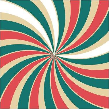 Retro tasarım ögesi, merkezden kare arkaplana doğru kıvrılan yeşil, bej, kırmızı ve beyaz kıvrımlı çizgiler içerir, klasik bir estetik görünüm sunar.