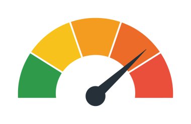 Beyaz arkaplanda orta dereceli bir düzeyi temsil eden renkli bir spektrumun turuncu bölümüne bakan bir ok göstergesiyle bir hız göstergesinin düz vektör çizimi.