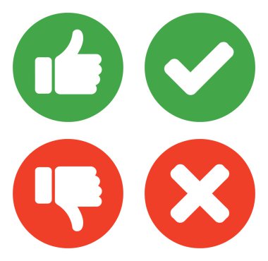 Vektör illüstrasyonunda yeşil dairelerin içinde işaretler ve işaretler var. Başparmaklar aşağı ve kırmızı dairelerin içinde çapraz. Simgeler beyaz arkaplanda.