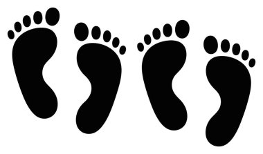 Beyaz zemindeki dört insan ayak izinin basit siyah çizgileri, ilerlemeyi, hareketi ya da bir yolu simgeliyor..
