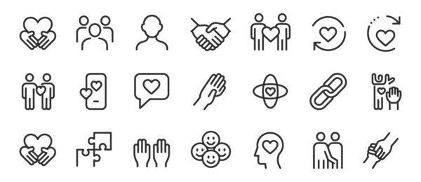 Versatile set of line art icons representing community, love, empathy, and human connection, suitable for digital interfaces and communication.