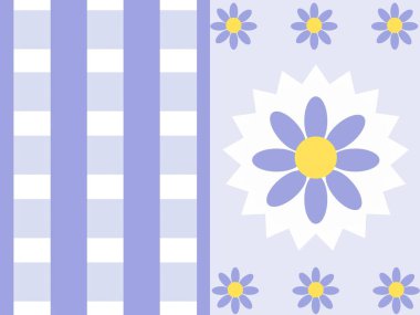 Cute lilac daisy floral pattern with gingham check border, perfect for spring or children's design