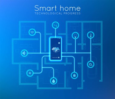 Bu konsept. Akıllı ev bağlantısı ve akıllı telefon ile ev ağı üzerinden kontrol. Ekran cep telefonu üzerinde duran Isometric ev ve simge elektronik aygıtları ile kablosuz bağlantılar