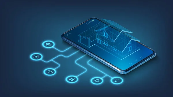 Concetto Iot Connessione Controllo Smart Home Con Smartphone Tramite Rete — Vettoriale Stock