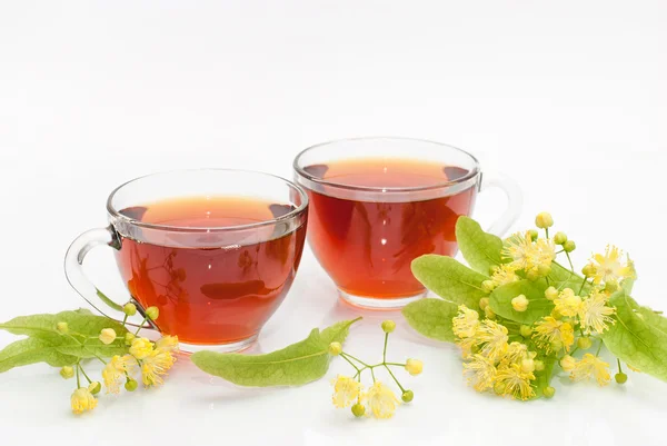 Two cups of tea with a sprig of flowering linden — Stock Photo, Image