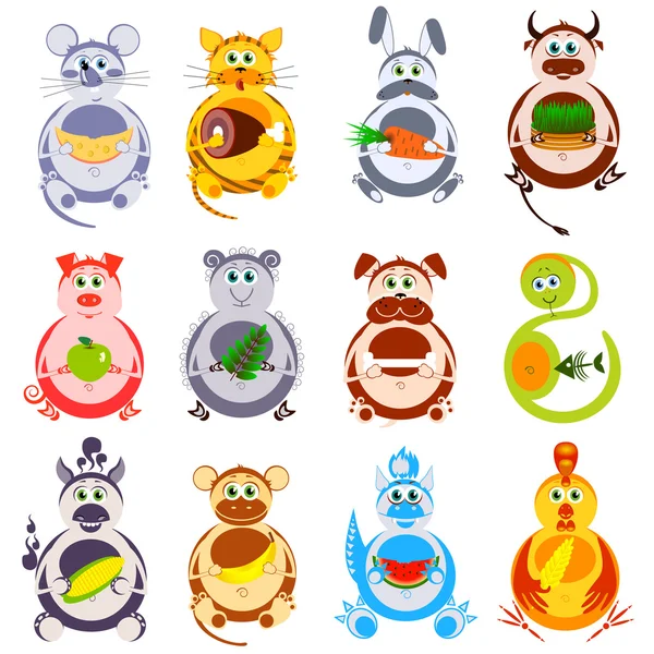 Fette lustige Tiere gesetzt. dekorative Helden des chinesischen Horoskops — Stockvektor
